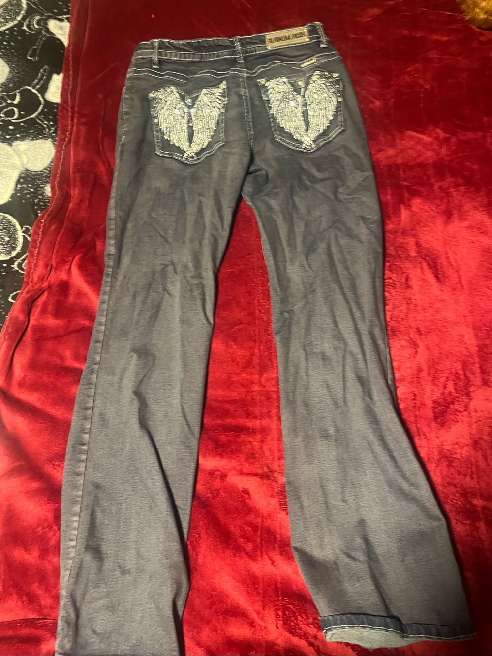 Beautiful luxury bedazzled platinum plush dark wash jeans